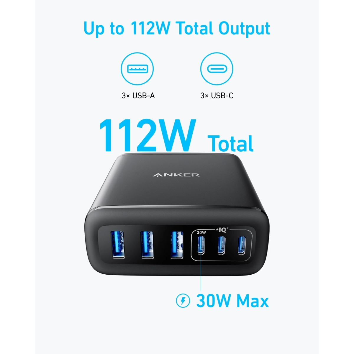 Anker Punjač 112W GaN 6 Ports Crna