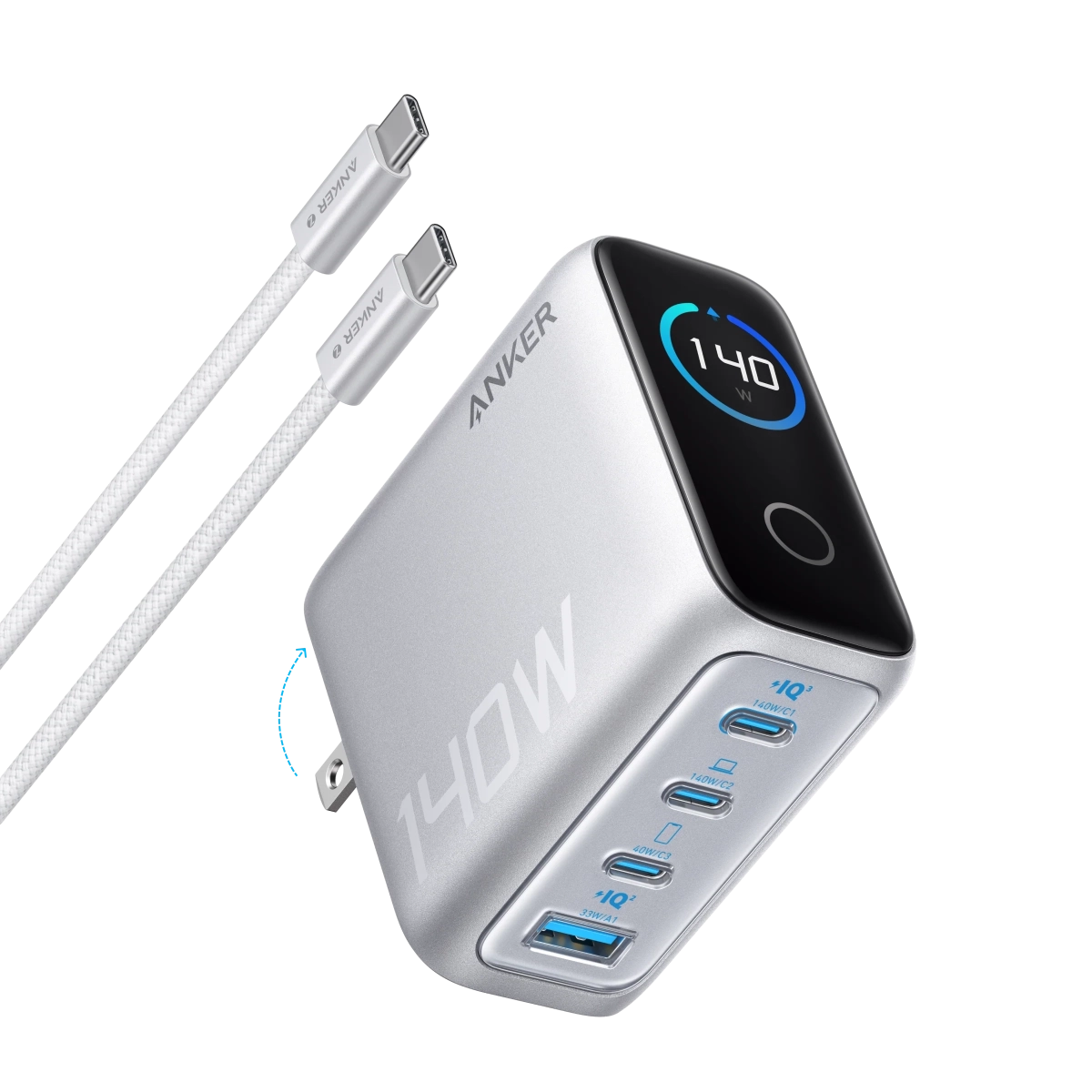 Anker Punjač 140W 4-Port PD 3.1 sa USB-C Kablovima Siva