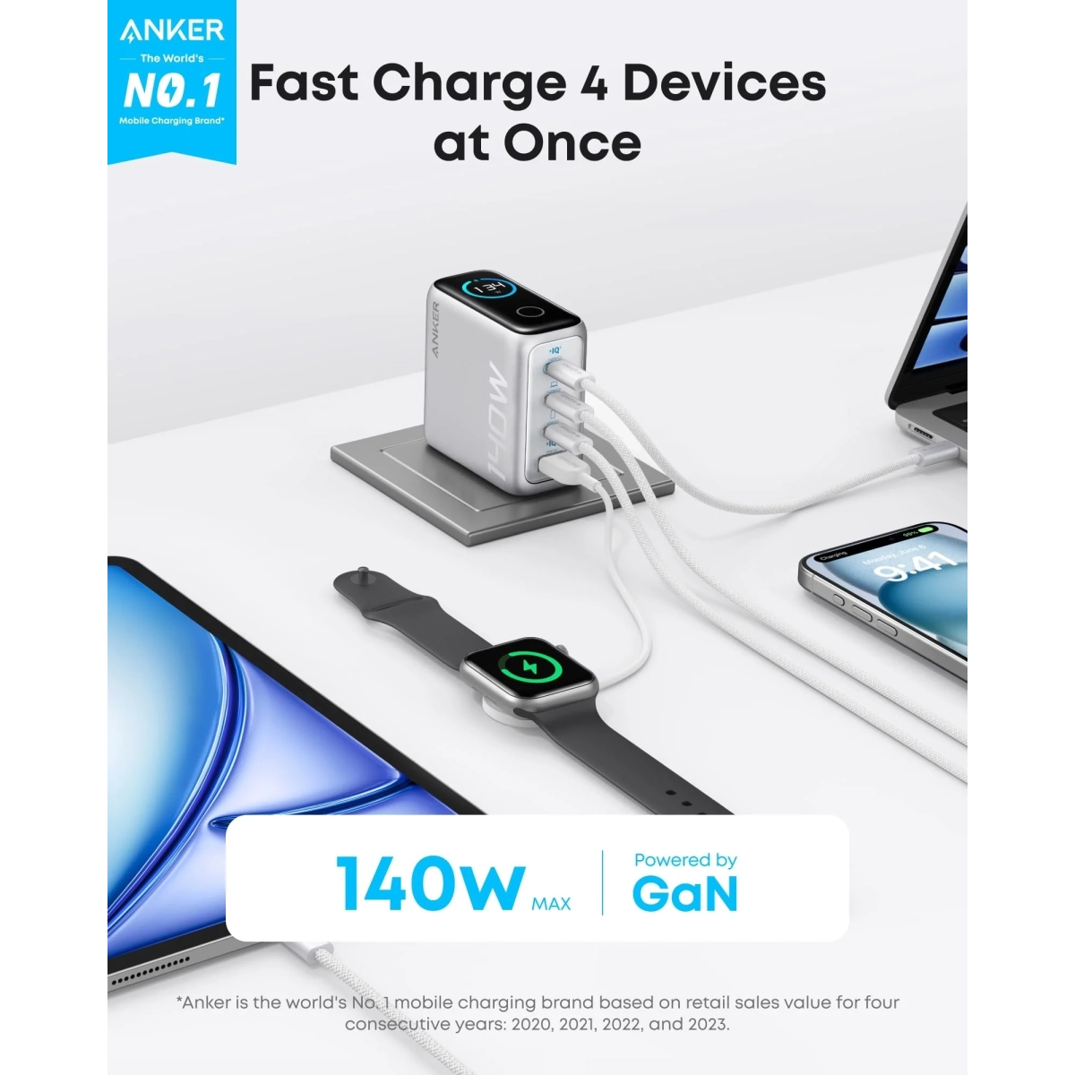 Anker Punjač 140W 4-Port PD 3.1 sa USB-C Kablovima Siva