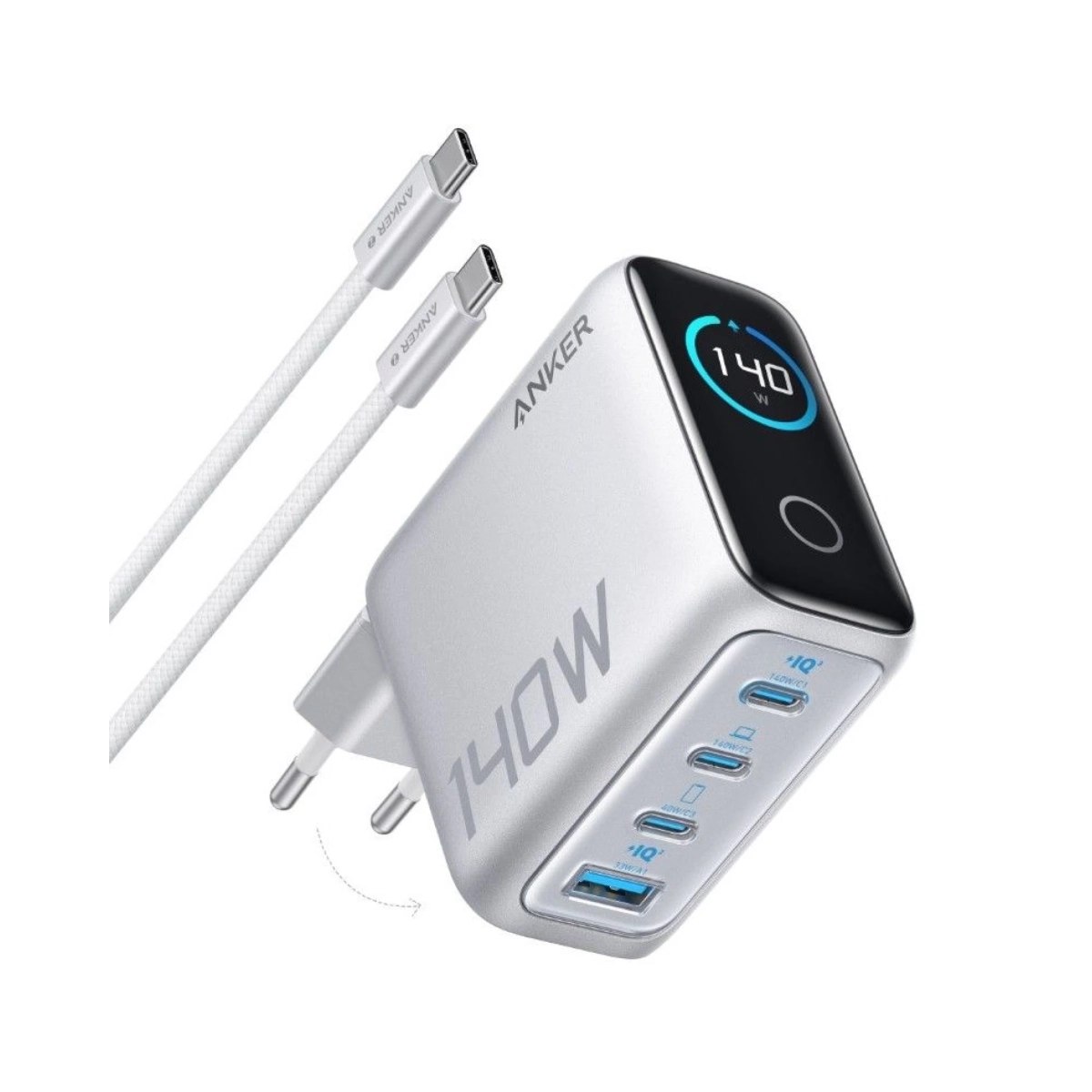 Anker Punjač 140W 4 Porta PD 3.1 sa USB-C Kablovima Svetlosiva