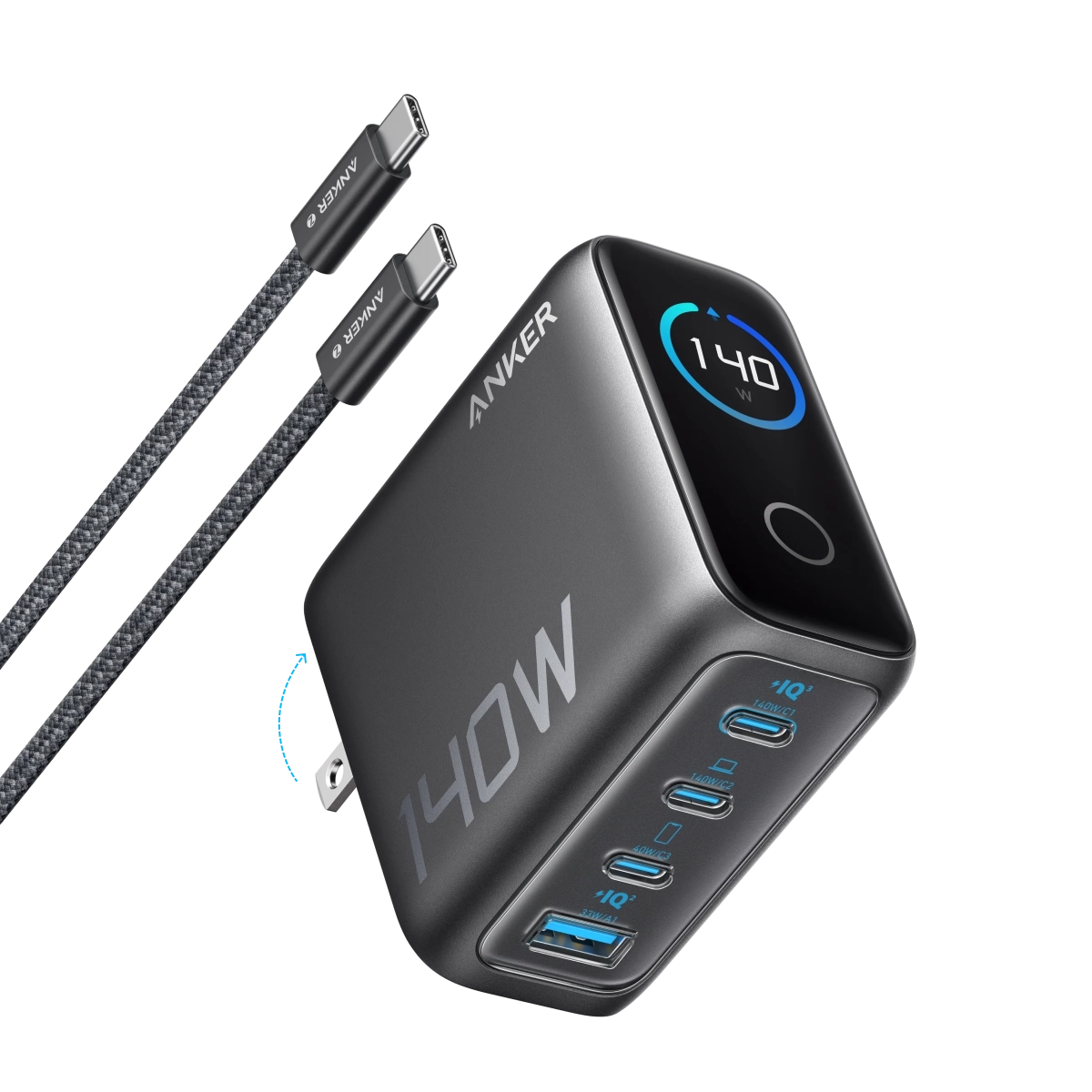 Anker Punjač 140W 4-Port PD 3.1 sa USB-C Kablovima Tamnosiva
