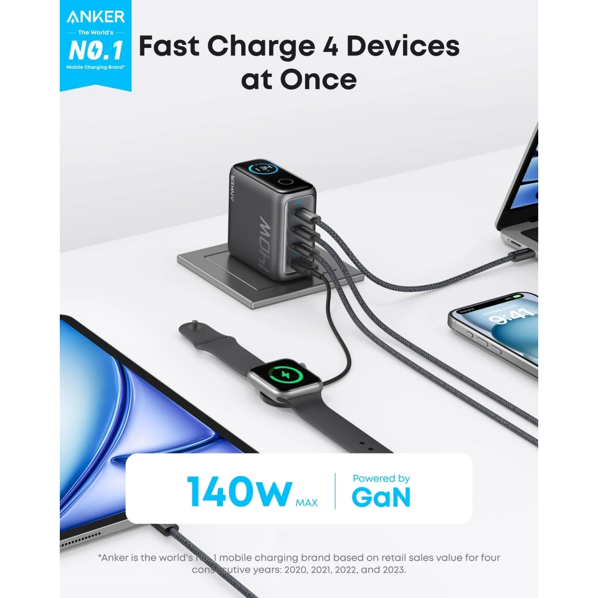 Anker Punjač 140W 4-Port PD 3.1 sa USB-C Kablovima Tamnosiva