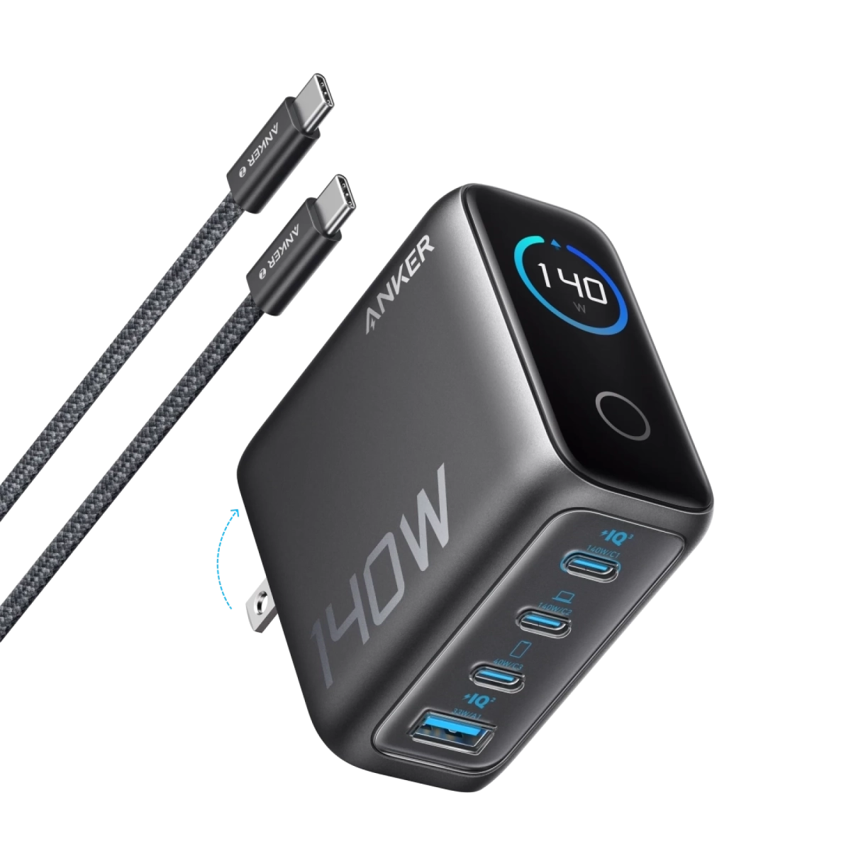 Anker Punjač 140W 4 Porta PD 3.1 sa USB-C Kablovima Tamnosiva
