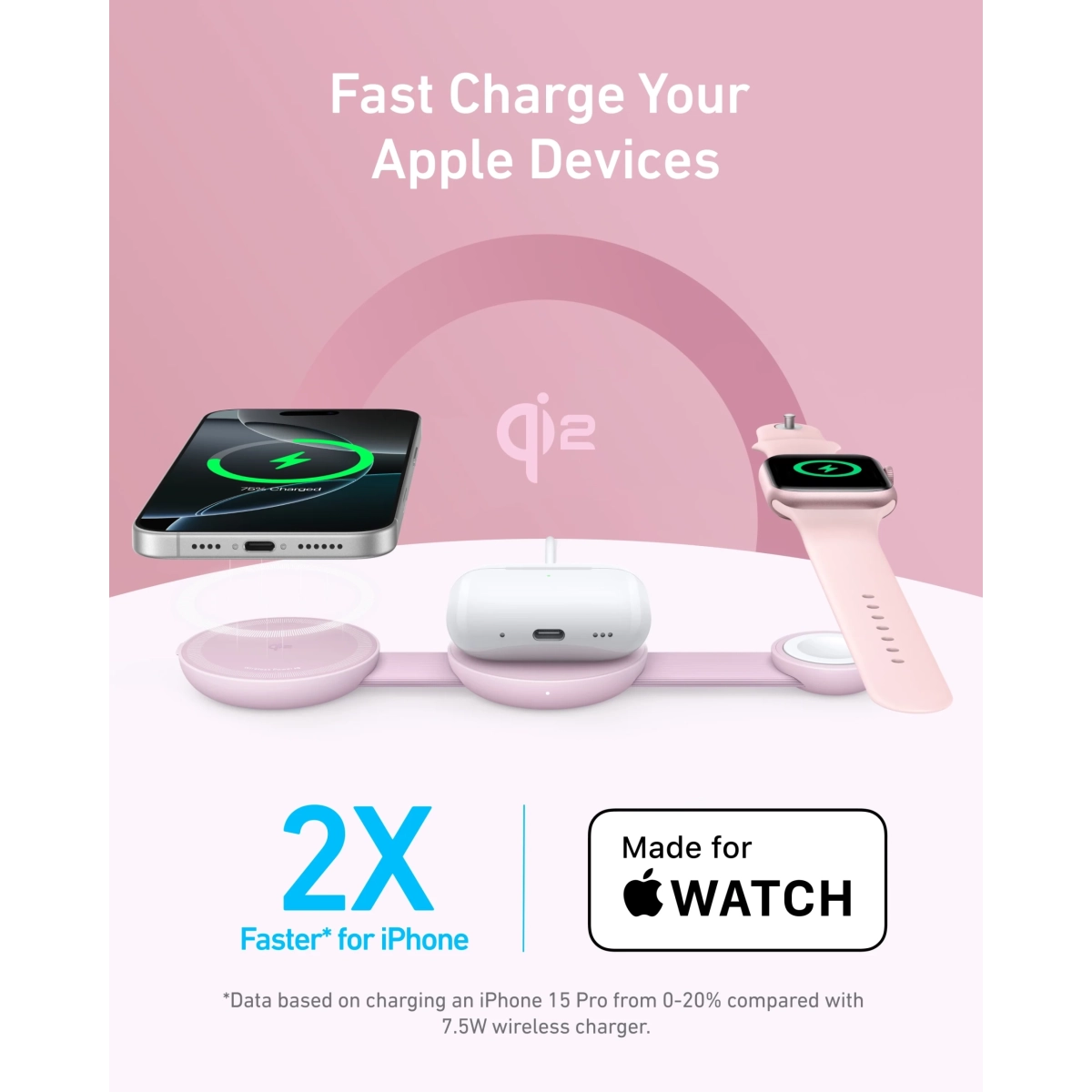Anker MagGo Bežični punjač 3-u-1 Foldable Pad Roze