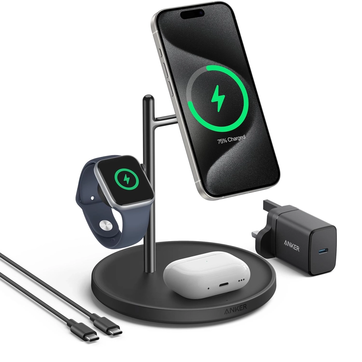 Anker MagGo Wireless Charging Station (15W, 3-in-1 Stand) with Kablovi and charger bundle Black 2