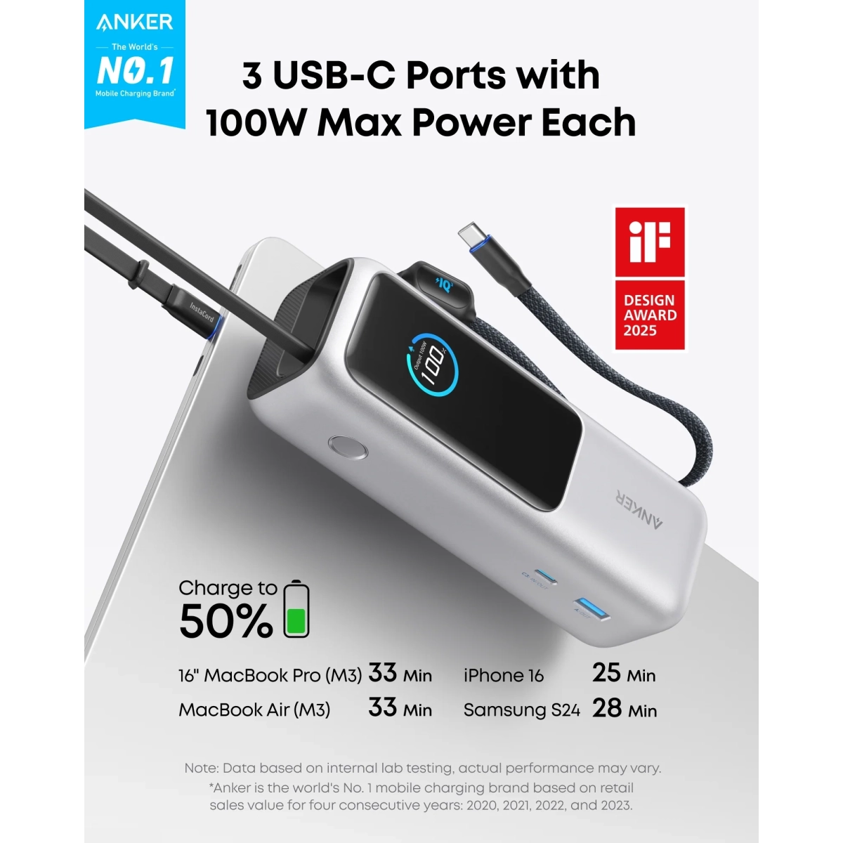 Anker Power Bank 25K 165W Built-In USB-C Siva