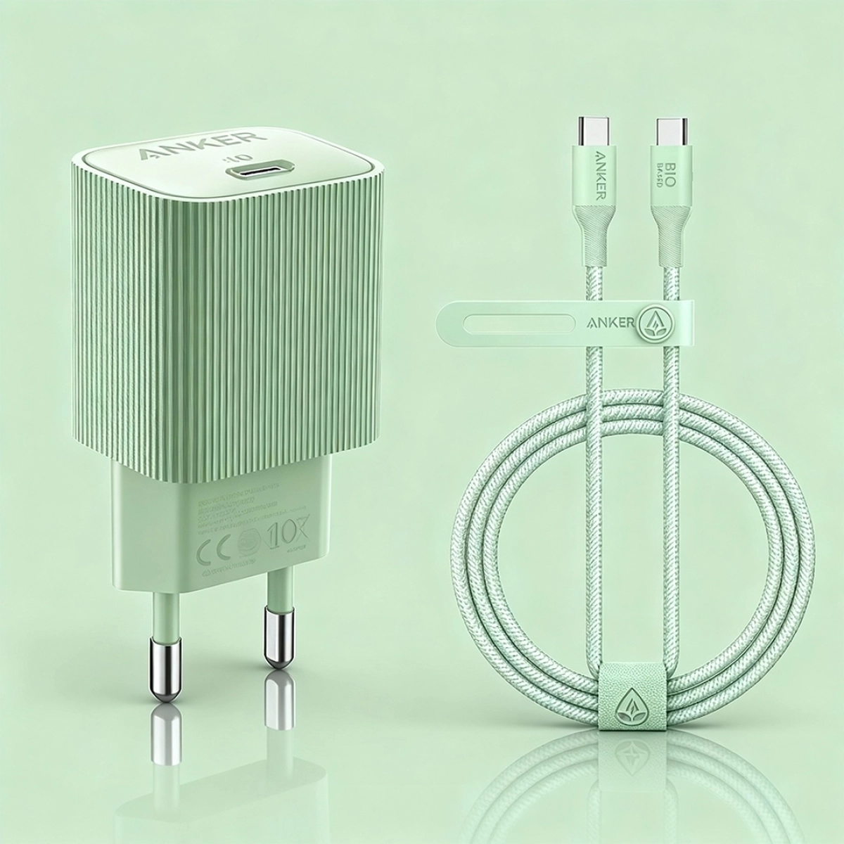 Anker Green Power Bundle | 30W Nano 4 punjač (zelena) + poklon USB-C na USB-C 1.8 m bio nylon kabl Zelena